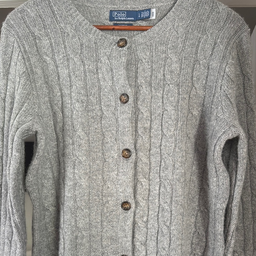 Polo Ralph Lauren Grey CASHMERE (L)Cable-Knit SFA Crewneck Cardigan -Like New - Picture 11 of 14
